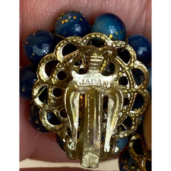 Mid-Century Cluster Earrings - Gold speckled blue-green-teal beads - JAPAN - Picture 6 of 7